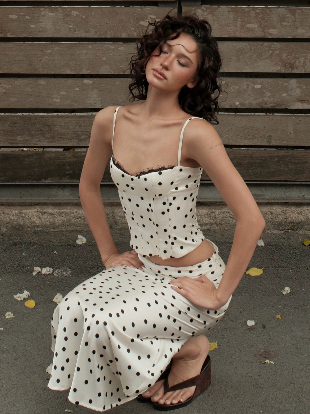 Zara Polka Dot Camisole Set Slim Lace Trimmed Pleated Maxi Skirt